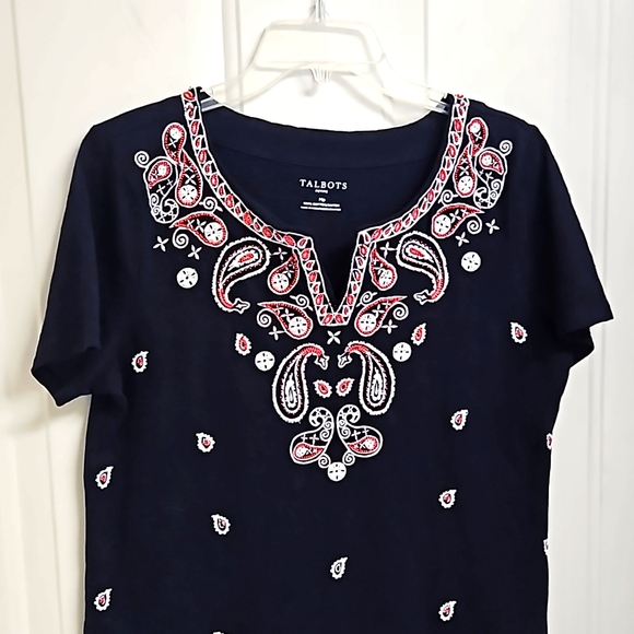 Talbots Petite Navy Paisley Tee - Picture 2 of 5